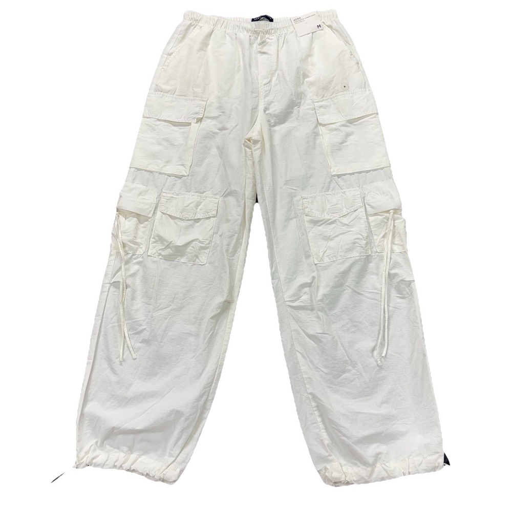Aeropostale Parachute Cargo Pants Womens M White Drawstring Hem Elastic Waist